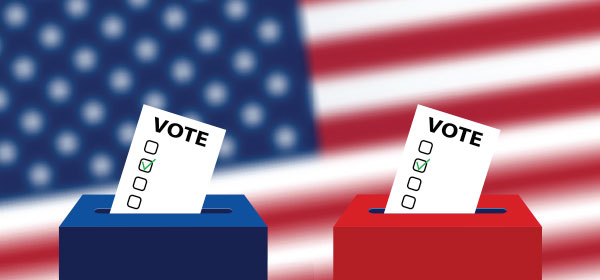 Red and blue voting boxes with American flag